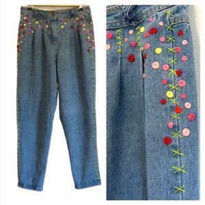 Vintage Nasty Gal jeans pleated '80s embroidered roses flowers tapered 6